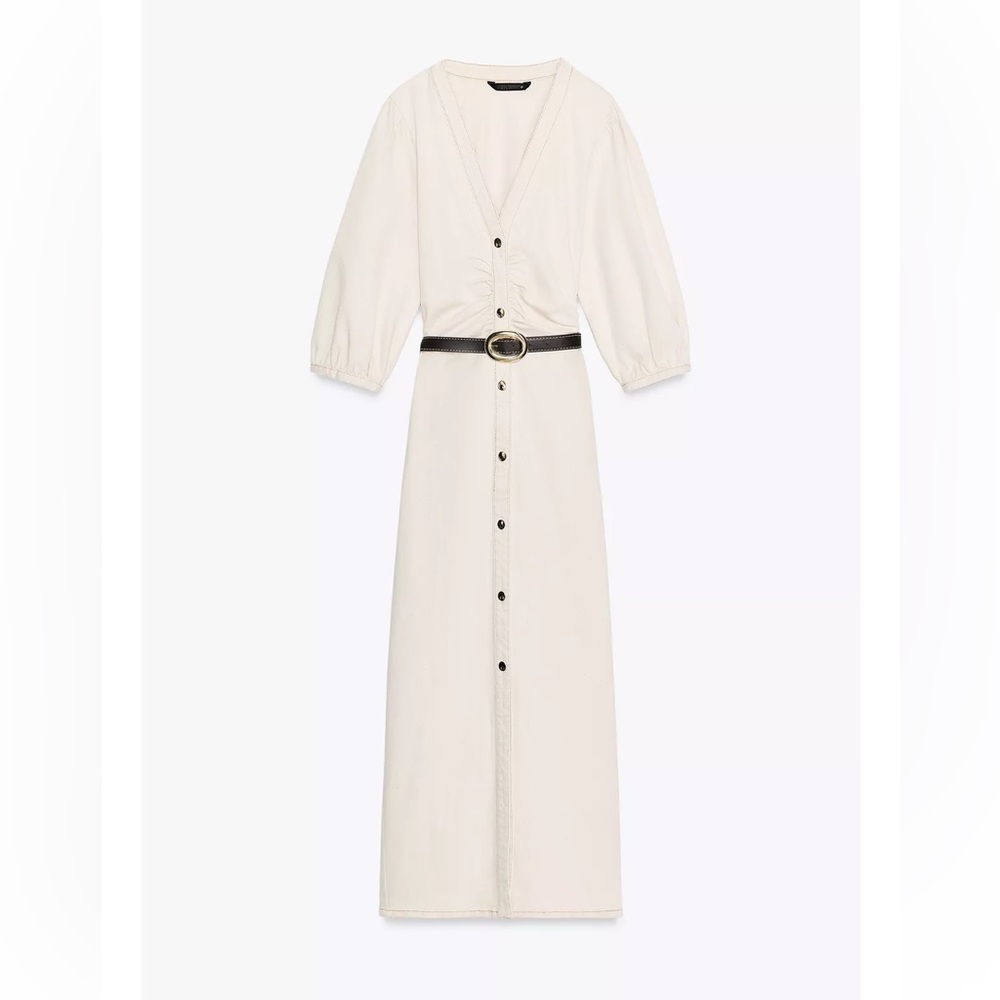 Zara Cream Midi Dress with Belt - Picture 7 of 11